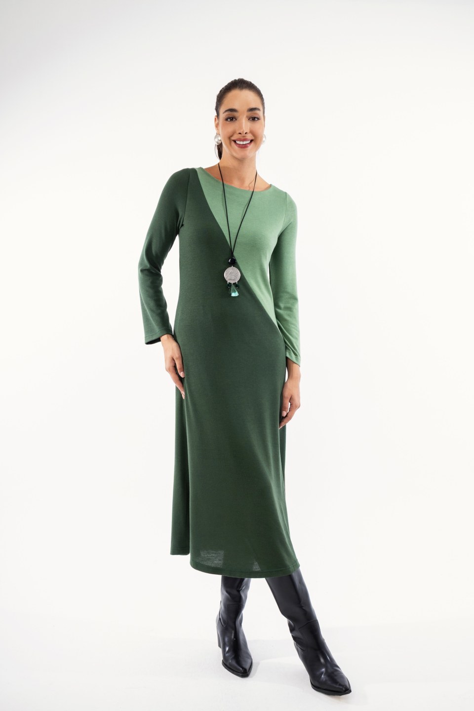 Φόρεμα χακί midi με δίχρωμο σχέδιο