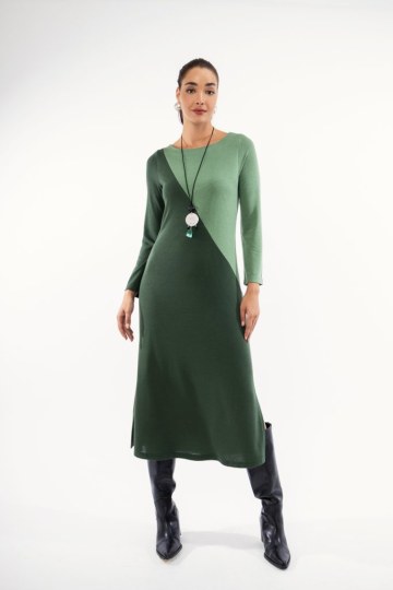 Φόρεμα χακί midi με δίχρωμο σχέδιο - 