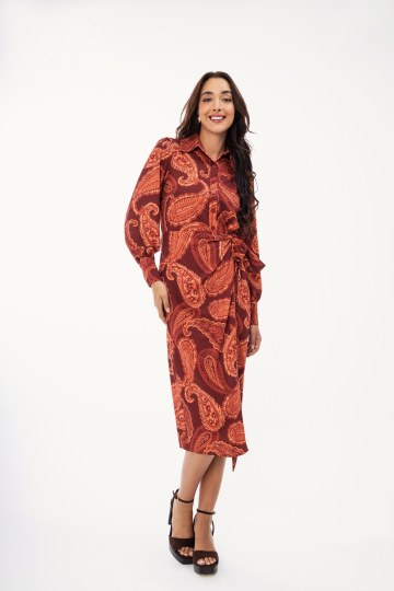 Φόρεμα εκάι-κοκκινο midi με λαχούρια