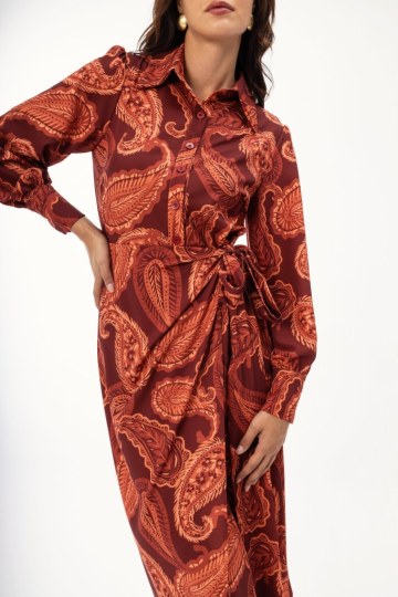 Φόρεμα εκάι-κοκκινο midi με λαχούρια - 