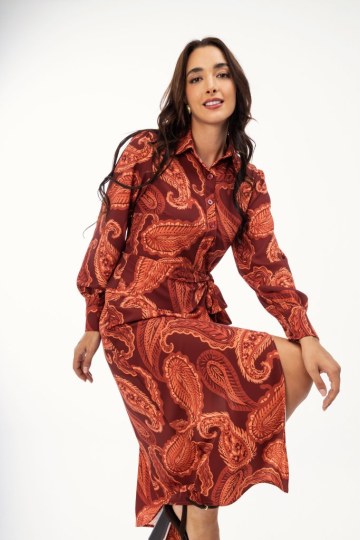 Φόρεμα εκάι-κοκκινο midi με λαχούρια - 