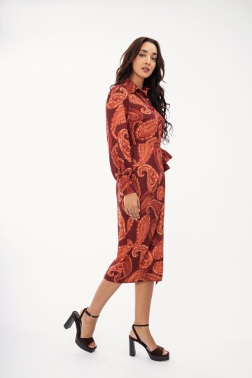 Φόρεμα εκάι-κοκκινο midi με λαχούρια - 