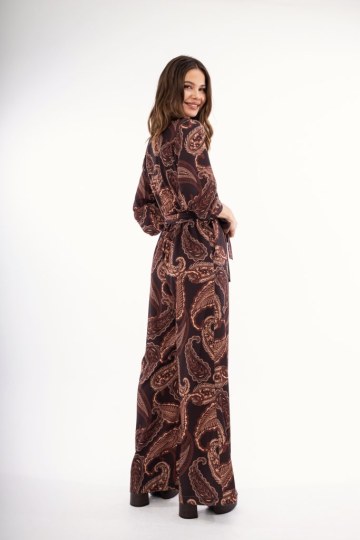 Ολόσωμη καφέ σατέν φόρμα με λαχούρια - 
