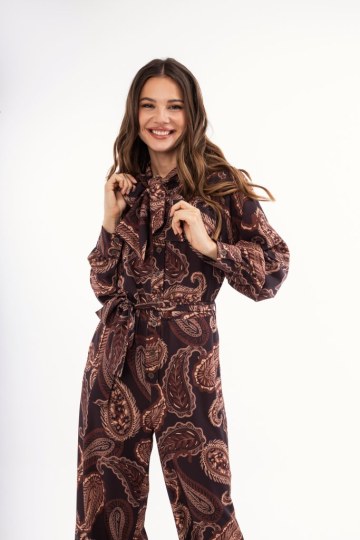 Ολόσωμη καφέ σατέν φόρμα με λαχούρια - 