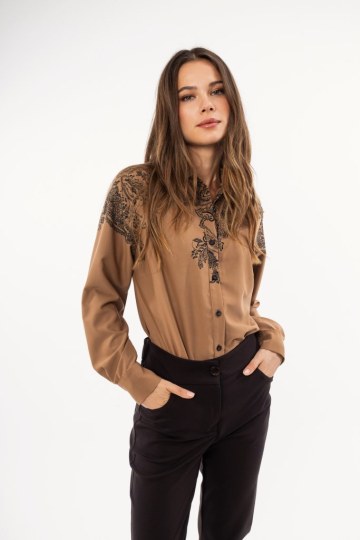 Πουκάμισο κάμελ με φλοράλ σχέδιο - 