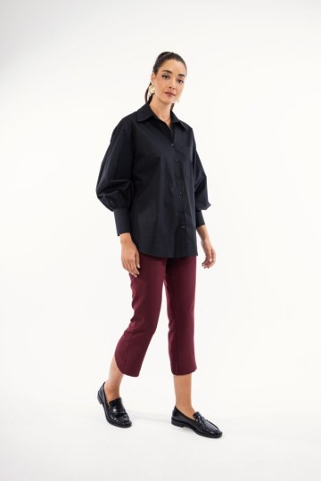 Παντελόνι ψηλόμεσο με κουμπί και κόψιμο στο κάτω μέρος μπορντώ - 