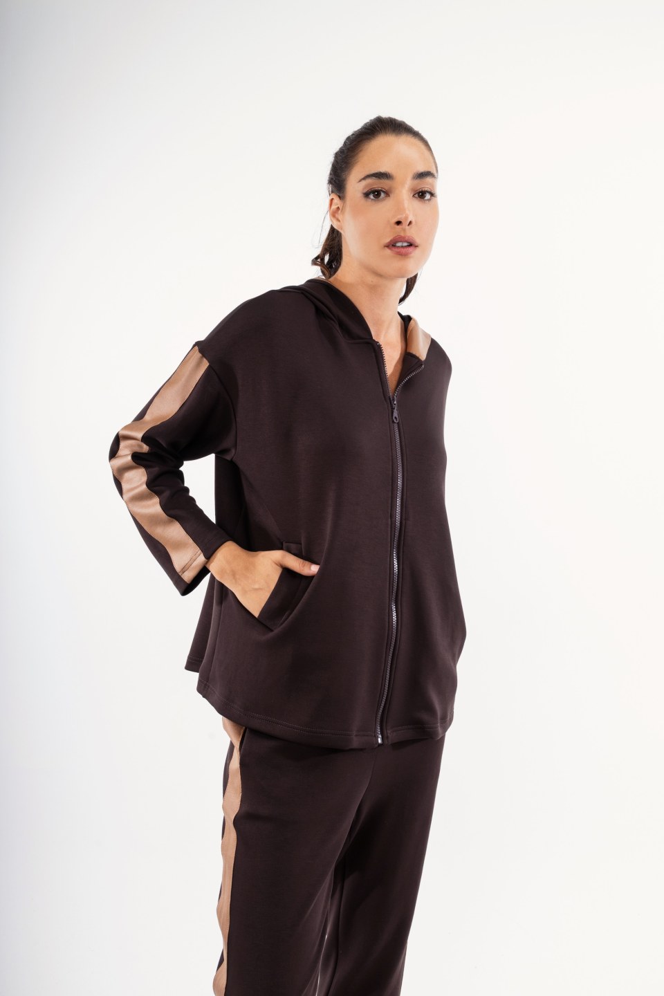 Φούτερ-Ζακέτα καφέ με κουκούλα