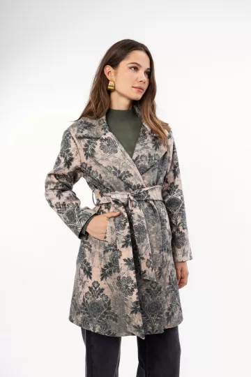 Παλτό μπεζ με φλοράλ σχέδιο και ζώνη