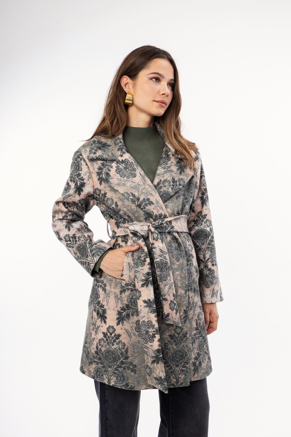Παλτό μπεζ με φλοράλ σχέδιο και ζώνη