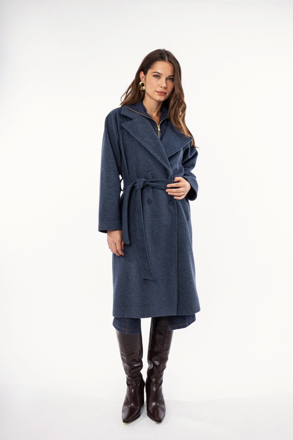 Παλτό μπλε με ζώνη και γιακά