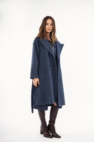 Παλτό μπλε με ζώνη και γιακά - 