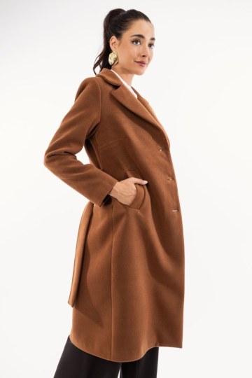 Παλτό κλασικό κάμελ με ζώνη και γιακά - 