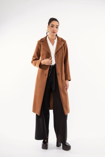 Παλτό κλασικό κάμελ με ζώνη και γιακά - 