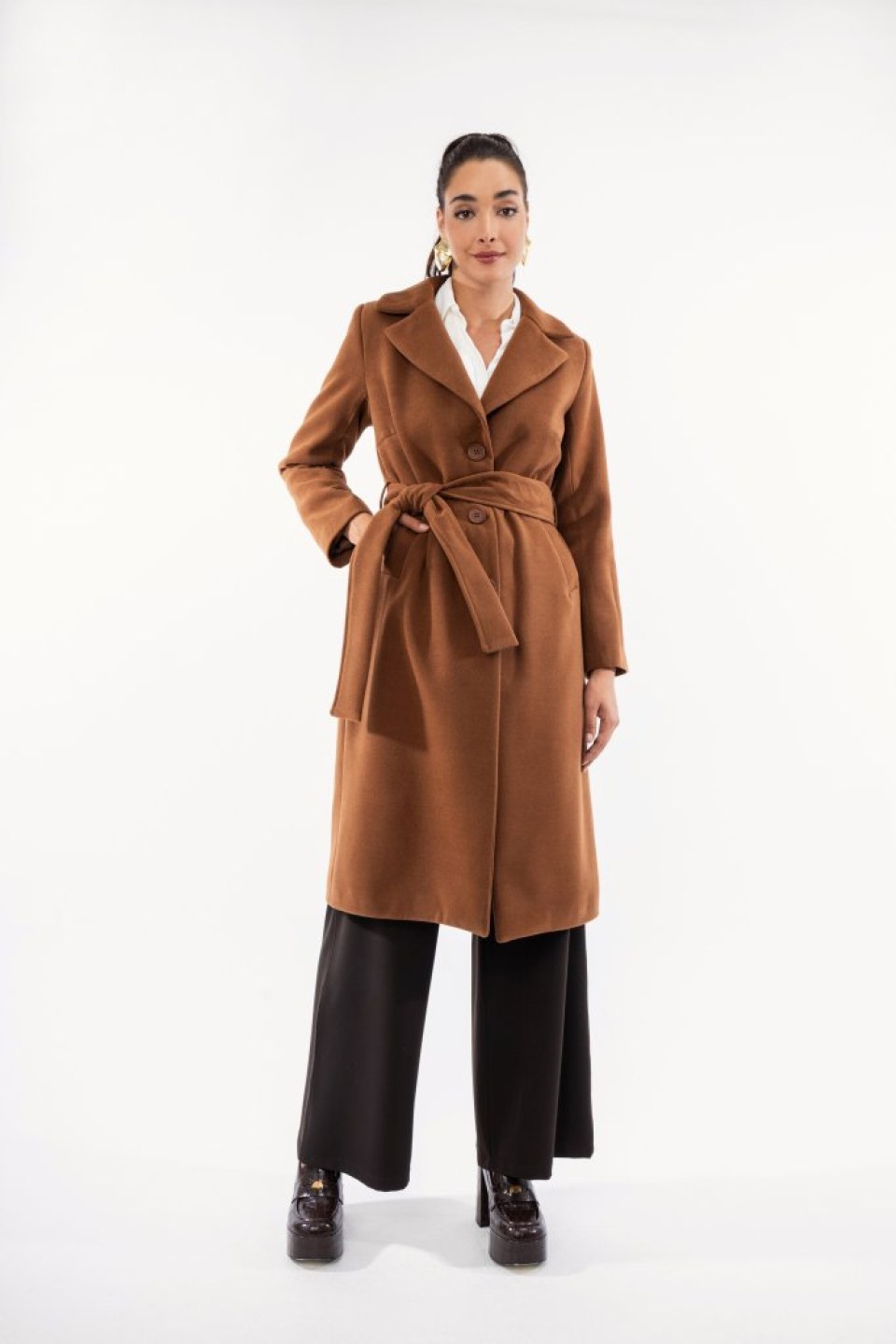 Παλτό κλασικό κάμελ με ζώνη και γιακά