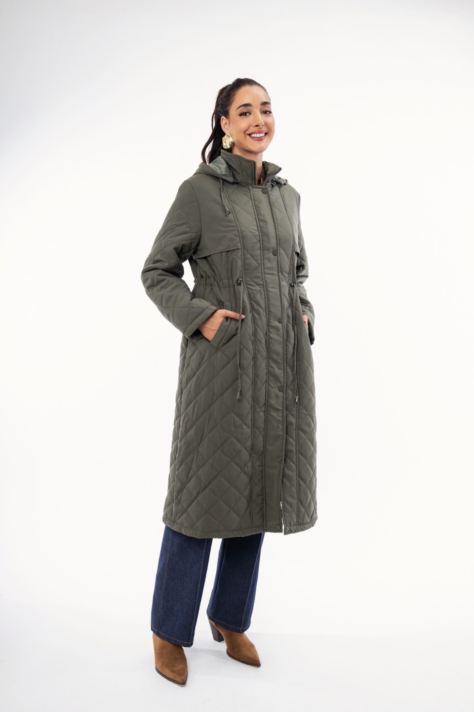 Μπουφάν μακρύ χακί καπιτονέ με φερμουάρ και κουμπιά