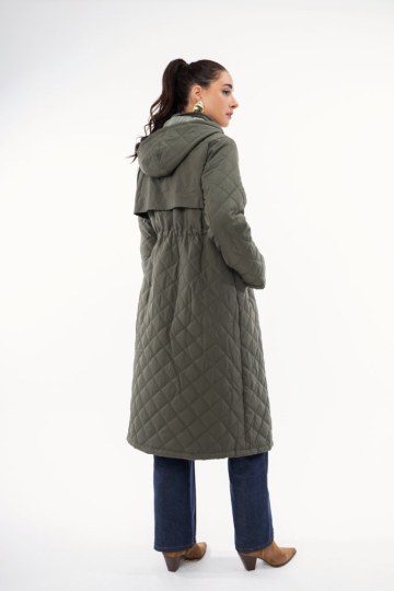 Μπουφάν μακρύ χακί καπιτονέ με φερμουάρ και κουμπιά - 