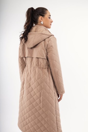 Μπουφάν μακρύ μπεζ καπιτονέ με φερμουάρ και κουμπιά - 