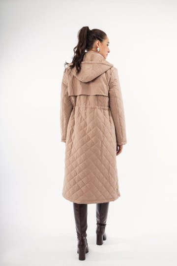 Μπουφάν μακρύ μπεζ καπιτονέ με φερμουάρ και κουμπιά - 