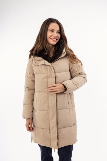 Μπουφάν μπεζ με οικολογικη γούνα εσωτερικά