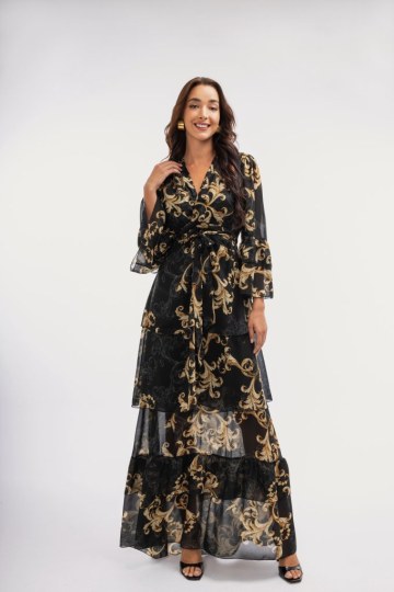 Φόρεμα maxi κρουαζέ με δέσιμο στο πλάι εμπριμέ μαύρο