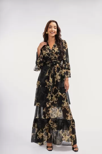 Φόρεμα maxi κρουαζέ με δέσιμο στο πλάι εμπριμέ μαύρο