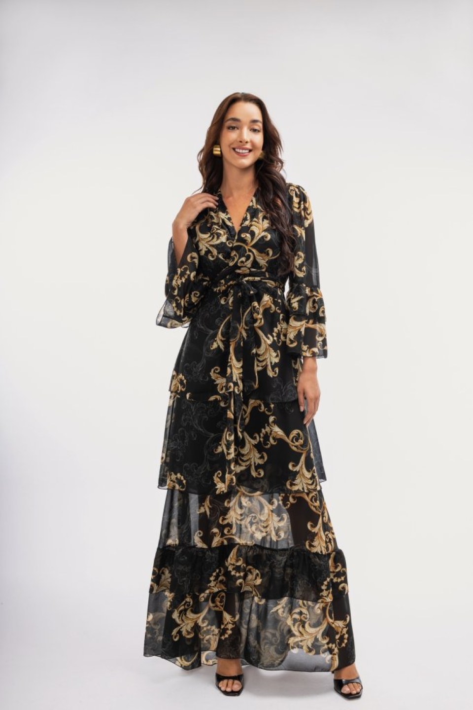 Φόρεμα maxi κρουαζέ με δέσιμο στο πλάι εμπριμέ μαύρο