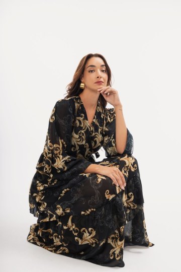 Φόρεμα maxi κρουαζέ με δέσιμο στο πλάι εμπριμέ μαύρο - 