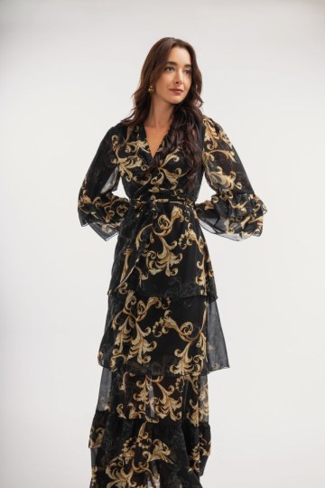 Φόρεμα maxi κρουαζέ με δέσιμο στο πλάι εμπριμέ μαύρο - 