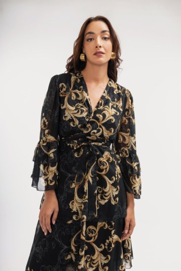 Φόρεμα maxi κρουαζέ με δέσιμο στο πλάι εμπριμέ μαύρο - 