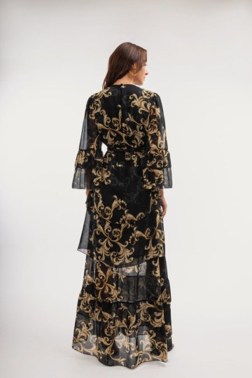 Φόρεμα maxi κρουαζέ με δέσιμο στο πλάι εμπριμέ μαύρο - 