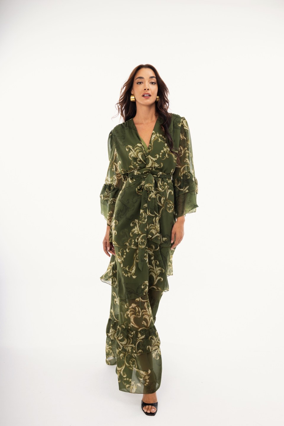 Φόρεμα maxi κρουαζέ με δέσιμο στο πλάι εμπριμέ χακί