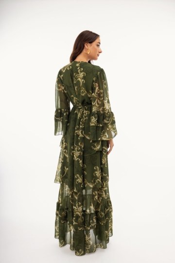 Φόρεμα maxi κρουαζέ με δέσιμο στο πλάι εμπριμέ χακί - 