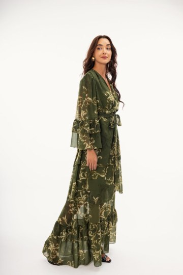 Φόρεμα maxi κρουαζέ με δέσιμο στο πλάι εμπριμέ χακί - 