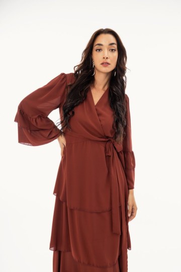 Φόρεμα maxi κρουαζέ με δέσιμο στο πλάι μονόχρωμο εκάι - 