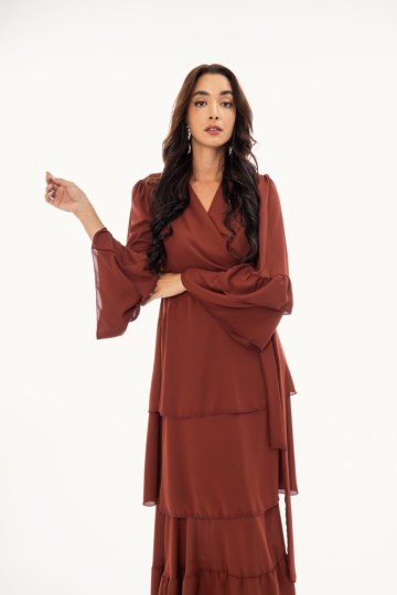 Φόρεμα maxi κρουαζέ με δέσιμο στο πλάι μονόχρωμο εκάι - 