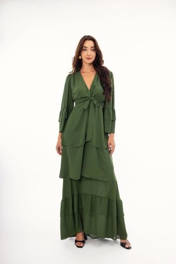 Φόρεμα maxi κρουαζέ με δέσιμο στο πλάι μονόχρωμο χακί