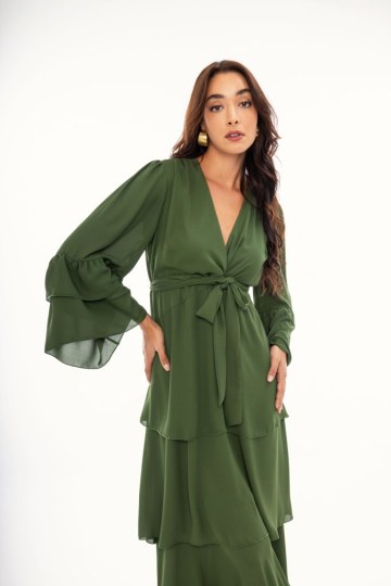 Φόρεμα maxi κρουαζέ με δέσιμο στο πλάι μονόχρωμο χακί - 