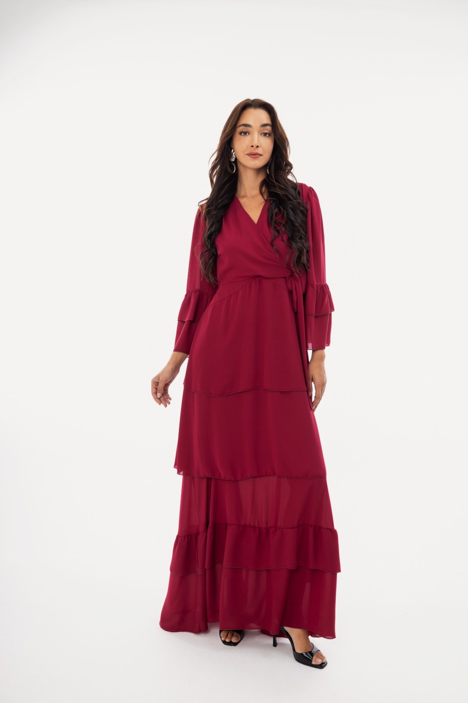 Φόρεμα maxi κρουαζέ με δέσιμο στο πλάι μονόχρωμο μπορντώ