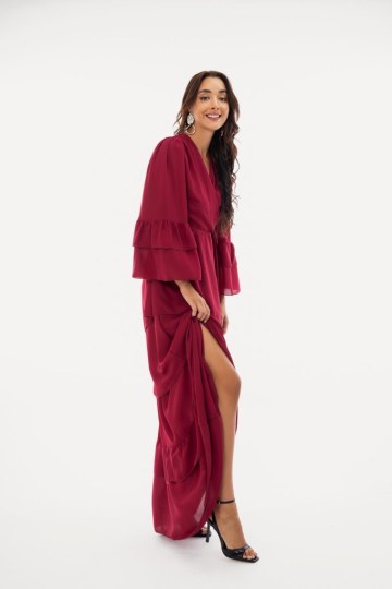 Φόρεμα maxi κρουαζέ με δέσιμο στο πλάι μονόχρωμο μπορντώ - 