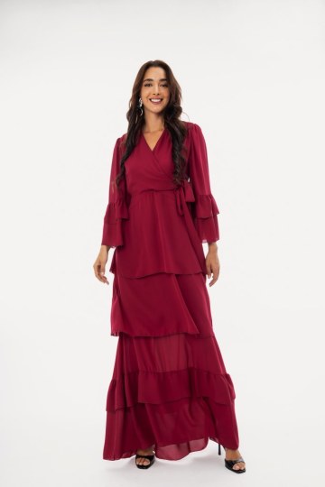 Φόρεμα maxi κρουαζέ με δέσιμο στο πλάι μονόχρωμο μπορντώ - 