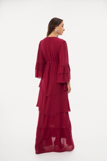 Φόρεμα maxi κρουαζέ με δέσιμο στο πλάι μονόχρωμο μπορντώ - 