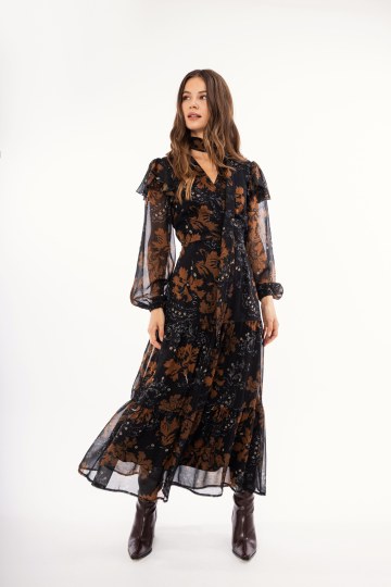 Φόρεμα κρουαζέ μαύρο φλοράλ με βολάν 