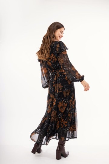 Φόρεμα κρουαζέ μαύρο φλοράλ με βολάν  - 