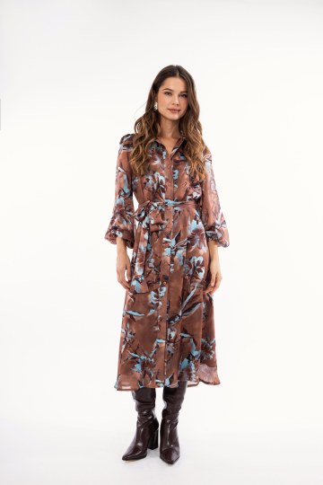 Φόρεμα midi καφέ με φλοράλ σχέδιο