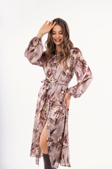 Φόρεμα midi μπεζ με φλοράλ σχέδιο - 