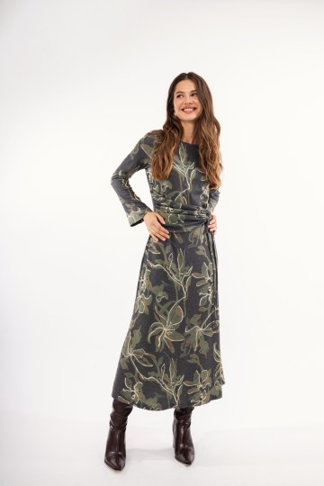 Φόρεμα χακί φλοράλ με σούρα 