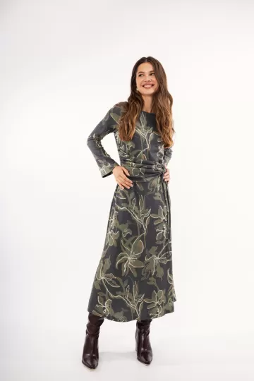 Φόρεμα χακί φλοράλ με σούρα 