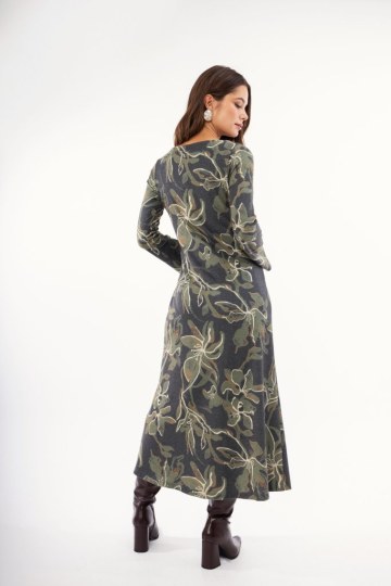 Φόρεμα χακί φλοράλ με σούρα  - 