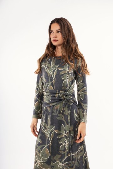 Φόρεμα χακί φλοράλ με σούρα  - 