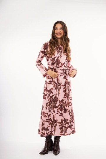 Φόρεμα ροζ φλοράλ με σούρα  - 